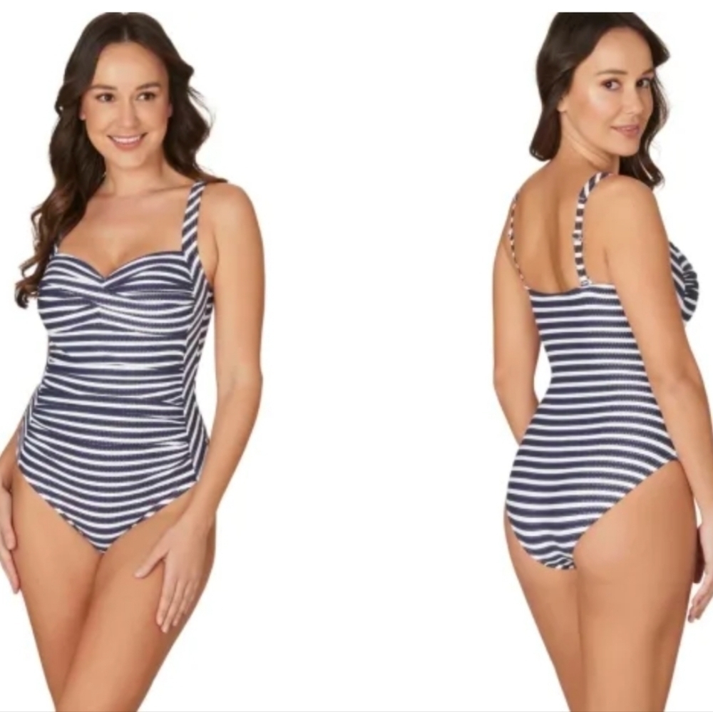 Nip Tuck Navy Ahoy Foil Joanne Twist Front Striped One Piece Swim Suit